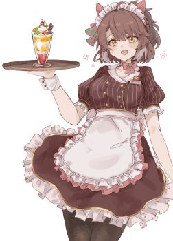 1girl ahoge animal_ears apron black_pantyhose blush bow bow_choker breasts brown_eyes brown_hair brown_shirt brown_skirt choker coco's collarbone commentary_request dantsu_flame_(umamusume) ear_covers food hair_between_eyes highres holding holding_tray horse_ears horse_girl looking_at_viewer medium_breasts multicolored_hair name_tag open_mouth pantyhose parfait pink_bow pink_choker puffy_sleeves revision shirt simple_background skirt smile solo t7jzw3 tray umamusume waist_apron waitress white_apron white_background white_hair white_headdress