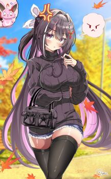 1girl absurdres angry arm_under_breasts autumn_leaves azki_(hololive) black_shirt black_thighhighs blue_shorts blush bow breasts brown_hair colored_inner_hair hair_bow highres hololive inokeiwd large_breasts leaf long_hair long_sleeves looking_at_viewer multicolored_hair outdoors pink_hair purple_eyes shirt short_shorts shorts solo thighhighs virtual_youtuber white_bow
