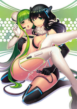 2girls bare_shoulders black_gloves black_hair black_legwear blush boots bra bra_lift breast_press breasts cable cleavage clothes_lift controller elbow_gloves female_focus fiodo flat_chest game_console game_controller gloves grabbing_another's_breast green_eyes green_hair groping hair_ornament high_heels kneeling large_breasts legs long_hair long_legs looking_at_viewer microsoft multiple_girls navel nipple_slip nipples one_eye_closed open_mouth original panties panty_pull personification playstation_3 product_girl pussy pussy_juice pussy_juice_trail saliva shirt_lift sony spread_legs thigh_boots thighhighs thighs underwear white_gloves white_legwear wink xbox_(original) yuri