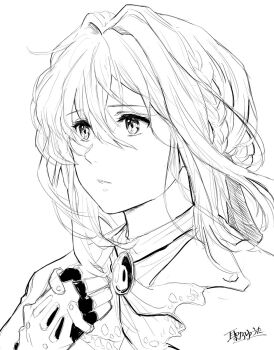 1girl braid brooch close-up commentary_request gem greyscale hair_ribbon hand_on_own_chest highres hijirino_yuuta jewelry lineart lips looking_to_the_side mechanical_hands monochrome open_mouth ribbon signature single_mechanical_hand upper_body violet_evergarden violet_evergarden_(series) white_background