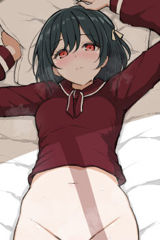 1girl absurdres arms_up bed_sheet black_hair blush bottomless breasts closed_mouth groin hair_ribbon highres long_sleeves looking_at_viewer love_live! lying mifune_shioriko navel on_back on_bed out-of-frame_censoring red_eyes red_shirt ribbon shirt short_hair small_breasts solo steaming_body temari_rin window_shadow yellow_ribbon