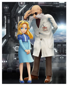 1boy 1girl 3d bald black_pants black_shirt blonde_hair blue_dress blue_footwear blue_hairband border brown_footwear coat collared_coat dress facial_hair gerald_robotnik grandfather_and_granddaughter hairband highres id_card lab_coat long_coat long_hair looking_at_another looking_at_viewer maria_robotnik mustache official_art outside_border pants round_eyewear shirt shoes sonic_(series) sonic_generations sonic_x_shadow_generations tinted_eyewear white_border white_coat