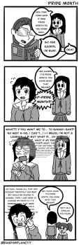 4girls 4koma azumanga_daiou blush comic english_text glasses highres it's_pride_month_you_know_what_that_means_(meme) kaori_(azumanga_daioh) kasuga_ayumu lgbt_pride mihama_chiyo mizuhara_koyomi monochrome multiple_girls notepad opaque_glasses open_mouth pencil pleated_skirt pride_month randomplanet17 school_uniform serafuku skirt twintails waving