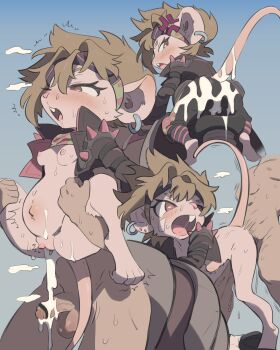 absurdres animal_ears ass blonde_hair blush breasts cropped_jacket cum cum_overflow cumdrip doggystyle earrings furry furry_female furry_with_non-furry greasefang hetero highres interspecies jacket jewelry kinni magic:_the_gathering medium_breasts mouse_ears mouse_girl mouse_tail penis pussy reverse_suspended_congress sex sex_from_behind shoulder_spikes spikes stomach_bulge tail