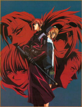 1990s_(style) absurdres belt border cape fujimiya_ran highres jacket long_hair long_sleeves looking_at_viewer magazine_scan male_focus multiple_boys non-web_source official_art orange_hair pants retro_artstyle scan short_hair siblings smile spiked_hair standing sword tsukiyono_omi weapon weiss_kreuz