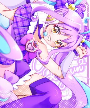 Rule 34 | 1girl, ahoge, aqua hair, artist name, blue hair, bow, brooch, choker, closed mouth, collarbone, commentary request, cure kyunkyun, diamond-shaped pupils, diamond (shape), dress, gloves, hair ornament, half gloves, headset, heart, heart brooch, highres, idol heart incom, jewelry, kimi to idol precure, kirin (kanata walk), long hair, looking at viewer, magical girl, multicolored hair, off-shoulder dress, off shoulder, precure, purple bow, purple choker, purple dress, purple gloves, purple hair, purple theme, shigure kokoro, solo, streaked hair, symbol-shaped pupils, teeth, twintails, twitter username, two side up, yellow eyes