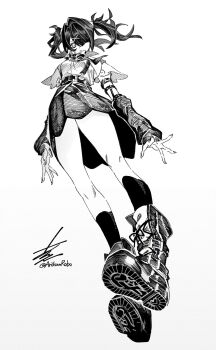 1girl :/ ame-chan_(needy_girl_overdose) arikanrobo boots from_below greyscale hair_over_one_eye highres looking_at_viewer monochrome needy_girl_overdose skirt solo suspender_skirt suspenders twintails