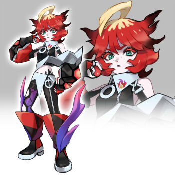 Rule 34 | 1girl, alternate costume, alternate hair color, bare shoulders, black hair, black lips, black nails, blonde hair, boots, closed mouth, colored eyelashes, commentary request, fingerless gloves, freckles, full body, gloves, green eyes, grey background, highres, hip tattoo, holding, holding poke ball, lipstick, makeup, mela (pokemon), midriff, multicolored hair, nikorupurumie, nintendo, outer glow, poke ball, poke ball (basic), pokemon, pokemon sv, red boots, red gloves, red hair, short hair, standing, tattoo, team star, zoom layer