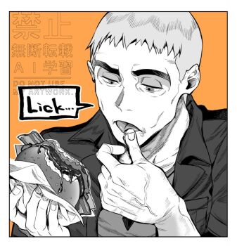 1boy border burger cheekbones english_text food greyscale_with_colored_background holding holding_food jacket jewelry ketchup licking_own_finger looking_at_object male_focus nanu_(pokemon) nazuka_jyo nintendo old old_man open_clothes open_jacket orange_background pendant pokemon pokemon_sm portrait shirt short_hair simple_background solo sound_effects watermark white_border z-crystal