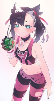 Rule 34 | 1girl, aqua eyes, asymmetrical bangs, black choker, black gloves, black hair, black leggings, black nails, black sports bra, breasts, chocolate, choker, closed mouth, dusk ball, dynamax band, earrings, gloves, hair between eyes, hair ribbon, highres, holding, holding poke ball, jewelry, leggings, marnie (pokemon), medium hair, midriff, nail polish, navel, nintendo, pendant, pink leggings, pink sports bra, poke ball, pokemon, pokemon swsh, ribbon, single glove, small breasts, solo, sports bra, stomach, tight clothes, torn clothes, torn leggings, two-tone leggings, two-tone sports bra, valentine (02140314c)