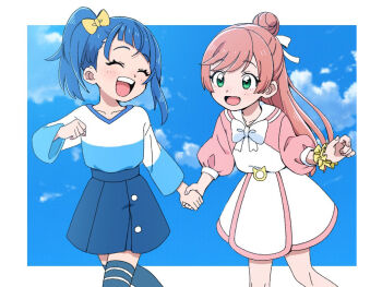2girls :d asymmetrical_bangs blue_hair blue_skirt blue_sky blue_thighhighs blush border bow bowtie button_up_skirt clenched_hand closed_eyes cloud cloudy_sky collarbone collared_dress commentary cowboy_shot crossed_legs curled_fingers cut_bangs day diagonal_bangs dress facing_another fingernails genmai_ocha green_eyes hair_bow hair_bun hair_ribbon half_updo hirogaru_sky!_precure holding_hands long_hair long_sleeves looking_at_another multicolored_dress multicolored_shirt multiple_girls nijigaoka_mashiro no_ahoge open_mouth outdoors outside_border pink_dress pink_hair pleated_skirt ponytail precure puffy_long_sleeves puffy_sleeves ribbon sailor_collar scrunchie shirt short_dress side_ponytail single_sidelock skirt sky sleeve_cuffs smile sora_harewataru striped_clothes striped_thighhighs swept_bangs teeth thighhighs two-tone_dress two-tone_shirt upper_teeth_only v-neck walking white_border white_bow white_bowtie white_dress white_ribbon white_sailor_collar white_shirt wrist_scrunchie yellow_bow yellow_scrunchie zettai_ryouiki