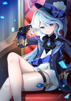 Rule 34 | 1girl, ahoge, ascot, azuma yuki, black ascot, black gloves, blue eyes, blue hair, blue hat, blue jacket, crossed legs, drop-shaped pupils, furina (genshin impact), genshin impact, gloves, hair between eyes, hat, heterochromia, highres, hydro symbol (genshin impact), jacket, light blue hair, long hair, looking at viewer, mismatched pupils, shorts, sitting, solo, symbol-shaped pupils, top hat, white shorts