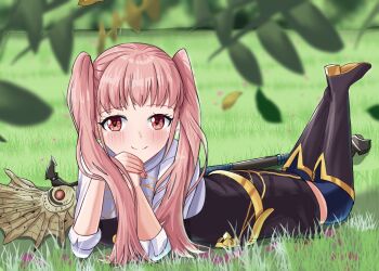 1girl absurdres axe black_boots blush boots breasts closed_mouth commentary fire_emblem fire_emblem:_three_houses garreg_mach_monastery_uniform grass highres hilda_valentine_goneril long_hair looking_at_viewer lying medium_breasts nintendo on_stomach own_hands_together pink_eyes pink_hair smile solo the_pose tokuh_(toku_h_) twintails