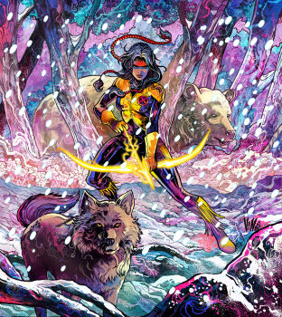 1girl abstract_background aiming aiming_down animal animal_ears arrow_(projectile) badge bear bear_ears belt_pouch black_hair bodysuit bow_(weapon) braid brown_eyes colorful_background dark-skinned_female dark_skin dynamic_pose earrings energy feather_earrings feathers forest glint gloves grey_fur grey_wolf headdress highres holding holding_bow_(weapon) holding_weapon jewelry long_hair marvel marvel_snap mirage_(marvel) multicolored_bodysuit native_american native_american_headdress nature new_mutants official_art outdoors pouch quiver rock science_fiction shiny_skin single_braid sky skyline snow snowflakes snowing solo solo_focus sparkle star_(sky) starry_sky superhero_costume tail tree twin_braids two-tone_bodysuit vinartwork weapon western_comics_(style) white_fur winter wolf wolf_ears wolf_tail x-men yellow_gloves