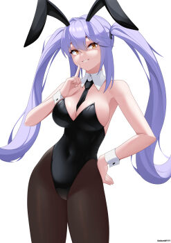 1girl absurdres alceid alternate_costume animal_ear_hairband animal_ears artist_name azur_lane bare_shoulders between_breasts black_leotard black_necktie blue_hair breasts brown_pantyhose cleavage commentary covered_navel cowboy_shot detached_collar english_commentary essex_(azur_lane) fake_animal_ears grin hair_ribbon hairband hand_on_own_hip hand_up highleg highleg_leotard highres large_breasts leotard long_hair looking_at_viewer necktie open_mouth pantyhose parted_lips playboy_bunny pointing pointing_up rabbit_ear_hairband rabbit_ears ribbon simple_background smile solo strapless strapless_leotard teeth thighs twintails white_background white_wrist_cuffs wrist_cuffs yellow_eyes