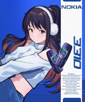 Rule 34 | 1girl, artist name, bare shoulders, blue background, blue pants, brown eyes, brown hair, cellphone, closed mouth, colored inner hair, commentary, cropped shirt, earmuffs, english text, girls band cry, highres, kiraing poi, long hair, long sleeves, looking at viewer, midriff, multicolored hair, navel, nokia (company), nokia 3310, pants, phone, pink hair, ponytail, reclining, rin (girls band cry), shirt, solo, two-tone hair, upper body, white shirt, y2k fashion