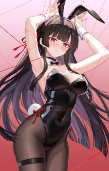 1girl absurdres animal_ears armpits arms_up bare_shoulders black_bow black_bowtie black_choker black_hair black_leotard black_pantyhose blunt_bangs blush bow bowtie breasts chisa_(wuthering_waves) choker cleavage closed_mouth collar commentary_request covered_navel detached_collar fake_animal_ears fake_tail gradient_background highleg highleg_leotard highres leotard long_hair looking_at_viewer medium_breasts mole mole_under_eye pantyhose rabbit_ears rabbit_pose rabbit_tail red_background red_eyes solo strapless strapless_leotard tail thigh_strap very_long_hair white_collar wrist_cuffs wuthering_waves xiongji_z_z