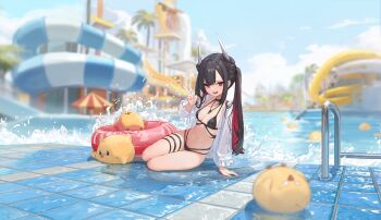 1girl absurdres azur_lane bikini black_bikini black_hair breasts hatsuzuki_(august&#039;s_first_romance)_(azur_lane) hatsuzuki_(azur_lane) highres horns innertube long_sleeves looking_at_viewer manjuu_(azur_lane) multicolored_hair nekojira non-web_source official_alternate_costume official_art open_mouth red_eyes red_hair revision ribs see-through_clothes see-through_sleeves small_breasts solo swim_ring swimsuit transparent_background two-tone_hair v