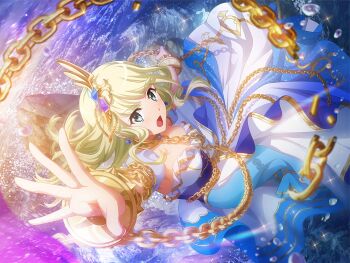 Rule 34 | 1girl, andromeda (mythology), aqua eyes, arm up, blonde hair, broken, chain, detached sleeves, dress, earrings, from above, game cg, greek mythology, headpiece, jewelry, looking at viewer, ocean, official art, open mouth, shoujo kageki revue starlight, shoujo kageki revue starlight -re live-, solo, star (symbol), star earrings, upper body, v-shaped eyebrows, water, white dress, yumeoji shiori