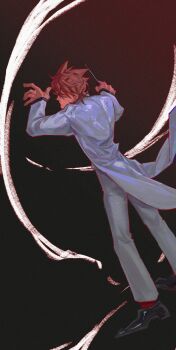 Rule 34 | 1boy, alternate costume, animification, black shoes, brown hair, closed eyes, coat, commentary, conductor, conductor baton, dutch angle, eddsworld, formal clothes, from behind, full body, gradient background, hair ears, highres, lin hei tao, long sleeves, male focus, painterly, pants, shoes, short hair, simple background, solo, standing, suit, tailcoat, tord (eddsworld), white coat, white pants