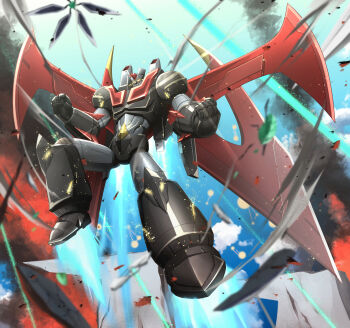 absurdres clenched_hands commentary_request glowing glowing_eyes grendizer_u highres horns mazinger_(series) mazinger_x mecha mecha_focus mechanical_wings no_humans pilder robot science_fiction solo super_robot troy_(oxaa01ex) ufo_robo_grendizer wings yellow_eyes