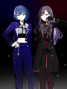 2girls black_coat black_gloves black_hair black_pants black_shirt blue_eyes blue_hair blue_jacket blue_nails blue_pants chain chain_necklace clothing_cutout clover_ornament coat collared_shirt commentary contrast_lapels crop_top cropped_jacket earrings feet_out_of_frame floral_print floral_print_coat floral_print_shirt gloves gradient_hair hair_behind_ear hair_ornament hairclip hand_on_own_hip hand_up high-waist_pants highres hip_vent jacket jewelry kiritani_haruka lapel_pin lapels lead_to_shine_more_(project_sekai) light_up_the_fire_(project_sekai) long_hair long_sleeves looking_at_viewer midriff multicolored_hair multiple_girls multiple_rings nail_polish necklace notched_lapels official_alternate_costume open_clothes open_coat open_jacket orange_eyes pants parted_lips project_sekai ring shiraishi_an shirt short_hair side-by-side sidelocks standing swept_bangs tsukemononingen two-sided_coat two-sided_fabric untucked_shirt