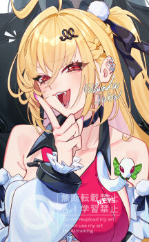 1boy 1girl ahoge bare_shoulders behind_another black_jacket blonde_hair breasts chalky_(zenless_zone_zero) cissia_(zenless_zone_zero) collarbone commentary_request detached_sleeves fingernails hair_between_eyes hair_ornament hairclip hand_up highres jacket large_breasts long_hair looking_at_another metal_wrist_cuffs notice_lines open_mouth pink_nails pom_pom_(clothes) pom_pom_hair_ornament red_eyes severian_lowell sideboob snake solo_focus white_snake zenless_zone_zero zunda_kaku