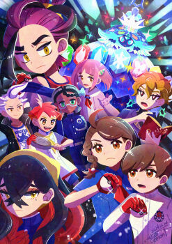 Rule 34 | 4boys, 5girls, absurdres, amarys (pokemon), belt, belt buckle, black hair, blue jacket, blue pants, briar (pokemon), buckle, cardigan, carmine (pokemon), closed mouth, commentary request, crispin (pokemon), crossed bangs, dark-skinned female, dark skin, drayton (pokemon), eyelashes, florian (pokemon), frown, frying pan, glasses, gloves, green eyes, hair between eyes, hair ornament, hairband, hairclip, hand up, highres, holding, holding frying pan, holding poke ball, jacket, juliana (pokemon), kieran (pokemon), lacey (pokemon), long hair, mole, mole under eye, multicolored hair, multiple boys, multiple girls, nintendo, open cardigan, open clothes, open jacket, pants, poke ball, poke ball (basic), pokemon, pokemon (creature), pokemon sv, purple hair, red gloves, red hair, red shirt, shirt, sleeveless, sleeveless shirt, sparkle, terapagos, terapagos (stellar), two-tone hair, watawata22, white jacket, yellow eyes, yellow hairband