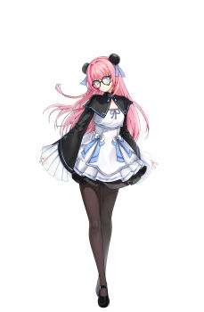 1girl absurdres black-framed_eyewear black_nails black_pantyhose black_shoes black_shrug blue_eyes bow braid bun_cover closed_mouth closers collared_shrug crop_top crossed_ankles double_bun expressionless full_body glasses hair_bow hair_bun high-waist_skirt highres layered_skirt long_hair looking_at_viewer mandarin_collar mary_janes miniskirt official_art pantyhose pink_hair purple_bow round_eyewear seulbi_lee shirt shoes shrug_(clothing) side_braid skirt skirt_bow solo standing tachi-e teardrop-framed_glasses white_background white_shirt wide_sleeves