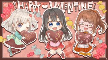 3girls :d ;) ^_^ apron black_hair blue_eyes blush brown_pantyhose brown_shoes brown_skirt brown_socks candy chibi chibi_only chocolate closed_eyes commentary_request food full_body green_apron green_shirt green_shoes grey_hair hair_ornament happy_valentine heart heart_hair_ornament highres holding holding_chocolate holding_food long_hair multiple_girls one_eye_closed one_side_up open_mouth original outline pantyhose red-framed_eyewear red_shoes red_skirt shirt shoes skirt smile socks striped_clothes striped_pantyhose striped_skirt white_outline wrapped_candy yellow_pantyhose yomo_(rb_crr)