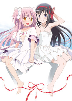 2girls akemi_homura alternate_costume armpits ayukko_(forest_village) bare_shoulders barefoot black_hair blush bow choker cleavage_cutout clothing_cutout dress feet hair_bow hair_ribbon hand_in_own_hair holding_hands interlocked_fingers kaname_madoka long_sleeves looking_at_viewer magical_girl mahou_shoujo_madoka_magica mahou_shoujo_madoka_magica_(anime) multiple_girls open_mouth pink_hair purple_eyes red_string ribbon sitting smile sparkle spoilers string two_side_up ultimate_madoka white_dress yellow_eyes