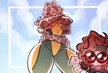 1boy 1girl animification bodysuit breasts brown_hair card colored_bangs gambit green_bodysuit highres leather marvel marvel_rivals multicolored_bodysuit multicolored_hair poposhirat rogue_(x-men) superhero_costume two-tone_bodysuit two-tone_hair x-men yellow_bodysuit