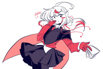 1girl ahoge between_fingers black_cloak black_skirt blush_stickers cape card card_between_fingers cloak collared_shirt colored_skin deltarune dice dice_hair_ornament dress_shirt genderswap genderswap_(mtf) gloves hair_ornament hairpin hand_on_own_face hand_to_own_mouth highres holding holding_card jacket long_sleeves miniskirt multicolored_hair necktie pippins_(deltarune) pleated_skirt priswocaer red_cape red_eyes red_gloves red_hair red_jacket red_necktie red_streaks shirt sidelocks simple_background single_blush_sticker skirt smile solo solo_focus standing suit_jacket two-tone_hair utdr_(toby_fox) white_background white_hair white_shirt white_skin