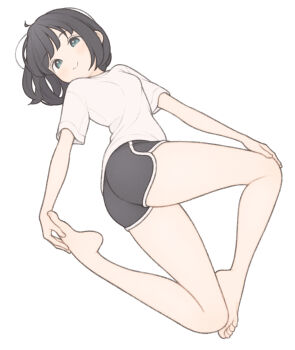 1girl 1ssakawaguchi absurdres ass barefoot blush breasts closed_mouth dolphin_shorts highres ichika_(1ssakawaguchi) legs looking_at_viewer original shirt short_hair short_shorts short_sleeves shorts simple_background small_breasts smile solo t-shirt thighs twisted_torso white_background white_shirt