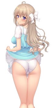 ass blue_skirt blush bow braid breasts brown_hair closed_mouth clothes_lift commentary_request embarrassed genseishinki_sacred_virth hair_between_eyes hair_bow highres kamuchin_soda lifting_own_clothes long_hair looking_at_viewer medium_breasts panties purple_eyes sacred_claire shirt short_sleeves sidelocks simple_background skirt skirt_lift standing trefoil underwear white_background white_bow white_panties white_shirt