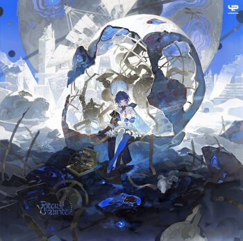 1girl absurdres asymmetrical_legwear blue_eyes blue_gem blue_hair blue_shoes blue_sky cape closed_mouth commission copyright_logo day eteru expressionless gem hair_ornament head_wings highres logo looking_at_viewer medium_hair mihuashi_commission mismatched_legwear outdoors pantyhose riteny_azurite ruins shoes sitting sky solo utoparillel white_wings wings