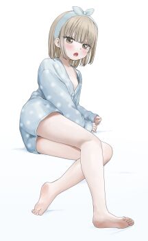1girl absurdres barefoot blue_hairband blue_pajamas blue_shirt blue_shorts blush bow_hairband breasts brown_eyes brown_hair chushui_(izumi617) commentary crossed_legs downblouse fang hairband highres long_sleeves looking_at_viewer loungewear open_mouth original pajamas polka_dot polka_dot_pajamas shirt short_hair shorts simple_background sitting skin_fang sleeves_past_wrists small_breasts solo thighs white_background