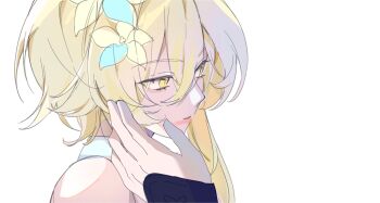 Rule 34 | 1girl, armor, blonde hair, blue flower, eyelashes, flower, genshin impact, hair flower, hair ornament, hand on another's face, highres, japanese armor, kote, kurokote, lipstick, looking to the side, lumine (genshin impact), makeup, multicolored flower, parted lips, portrait, red lips, scaramouche (genshin impact), scarf, short hair, short hair with long locks, sia37068010, sidelocks, single bare shoulder, sketch, smeared lipstick, tsurime, white background, white mouth, white scarf, yellow eyes, yellow flower
