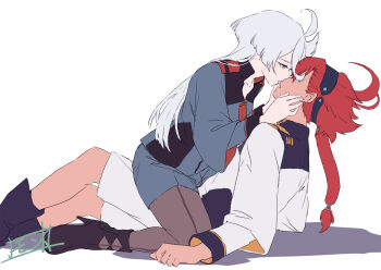 2girls asticassia_school_uniform black_boots black_hairband black_pantyhose boots commentary_request green_jacket green_shorts grey_eyes gundam gundam_suisei_no_majo hairband hands_on_another&#039;s_face high_heel_boots high_heels highres imminent_kiss jacket long_hair miorine_rembran monto_(user_dmde2437) multiple_girls pantyhose parted_lips ponytail red_hair school_uniform shadow shorts simple_background straddling suletta_mercury white_background white_hair white_jacket white_shorts yuri