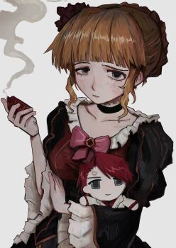 absurdres beatrice_(umineko) blonde_hair character_doll crest doll dress electronic_cigarette empty_eyes family_crest fffkorobka formal_clothes highres jacket lipstick_mark lipstick_mark_on_face looking_at_viewer red_hair red_shirt shirt smile smoking suit two-tone_dress umineko_no_naku_koro_ni ushiromiya_battler white_jacket