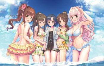 Rule 34 | 5girls, bare shoulders, bikini, bikini skirt, black hair, black one-piece swimsuit, blue hair, blush, breasts, brown eyes, brown hair, cleavage, closed mouth, cloud, cloudy sky, collarbone, commentary request, day, floral print, flower, glyn070605a, green bikini, green eyes, hair flower, hair ornament, hand on another's shoulder, highres, idolmaster, idolmaster cinderella girls, igarashi kyoko, jacket, large breasts, long hair, looking at viewer, medium breasts, mizumoto yukari, multiple girls, navel, one-piece swimsuit, open mouth, outdoors, pink hair, ponytail, saionji kotoka, shiragiku hotaru, short hair, side-tie bikini bottom, side ponytail, sky, small breasts, smile, stomach, swimsuit, takamori aiko, white bikini, white jacket, yellow bikini