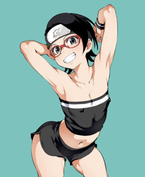 1girl alternate_costume aqua_background armpits arms_behind_head artist_request bandeau bare_shoulders black_bandeau black_eyes black_hair black_shorts boruto:_naruto_next_generations boruto:_naruto_the_movie breasts check_artist covered_erect_nipples eyelashes female_focus funnyari glasses grin happy headband loli looking_at_viewer midriff naruto_(series) navel short_hair short_shorts shorts simple_background small_breasts smile solo source_request standing striped_bandeau teeth uchiha_sarada white_bandeau wristband