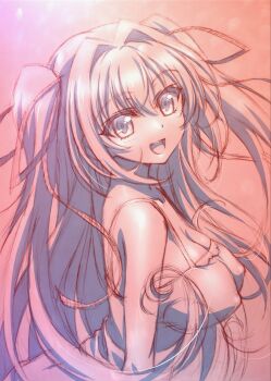 1girl breasts camisole cleavage collarbone commentary_request covered_erect_nipples hair_intakes hair_ribbon highres long_hair looking_at_viewer naruse_mio official_artist_extra open_mouth ribbon shinmai_maou_no_testament sketch smile solo twintails two_side_up upper_body watanabe_yoshihiro