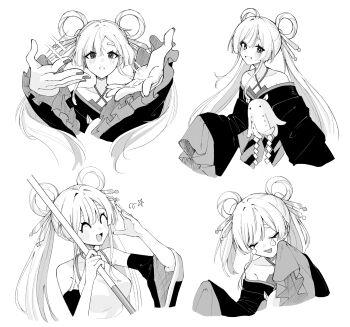 1girl :d bare_shoulders chou_kaguya-hime! closed_eyes greyscale hair_ornament hair_rings hair_stick hands_up highres holding japanese_clothes kimono long_hair long_sleeves looking_at_viewer mi_(27782900) monochrome multiple_expressions multiple_views nail_polish open_mouth runami_yachiyo simple_background smile sparkle star_(symbol) tears twintails upper_body white_background wide_sleeves