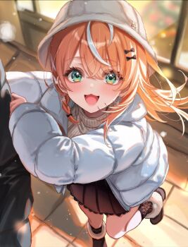 1girl 1other black_boots black_socks boots coat commentary_request earrings green_eyes highres igarashi_rika jewelry lace_socks long_hair long_sleeves looking_at_viewer multicolored_hair nijisanji open_mouth orange_hair outdoors sa-ya2 skirt smile socks solo_focus standing standing_on_one_leg streaked_hair sweater turtleneck turtleneck_sweater virtual_youtuber white_hair winter_clothes winter_coat