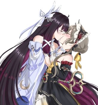 2girls bare_shoulders black_dress black_hair closed_eyes colored_inner_hair columbina_(genshin_impact) commentary dress french_kiss genshin_impact gloves grey_hair hair_bun hand_on_another&#039;s_face highres kiss multicolored_hair multiple_girls nonoberry22 off-shoulder_dress off_shoulder purple_dress purple_hair sandrone_(genshin_impact) simple_background white_background white_gloves yuri