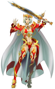 1girl armor boots breasts cleavage female_focus green_eyes large_breasts legion_~sousei_densetsu~ nagasaki_yuko solo sword thigh_boots thighhighs tiara weapon white_hair