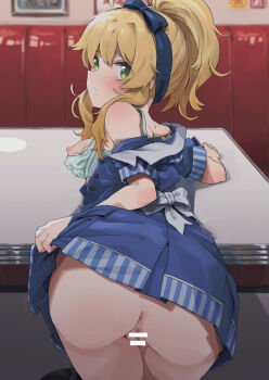 1girl anus aqua_bra ass bar_censor bent_over blue_dress blue_hairband bottomless bra breasts censored diner dress from_behind green_eyes hairband hoshii_miki idolmaster idolmaster_million_live! kusugi_tai looking_back medium_breasts nipples ponytail pussy solo underwear