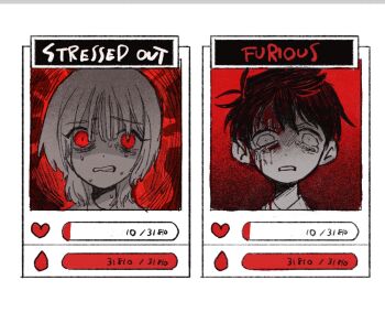 2boys akinashi_haru angry blood blood_on_face commentary_request crying crying_with_eyes_open english_text highres looking_at_viewer male_focus multiple_boys omocat_(style) omori parody red_eyes ruuya1124 saihate_eki style_parody tatsunami_shion tears