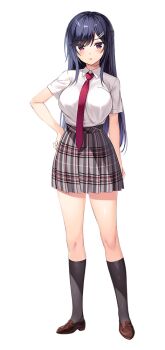 1girl akebi_saki amaemi-longing_for_you- arm_at_side black_socks blue_hair blush breasts brown_shoes collared_shirt full_body grey_skirt hair_ornament hairclip hand_on_own_hip kneehighs large_breasts large_variant_set loafers long_hair looking_at_viewer necktie official_art oryo_(oryo04) parted_lips plaid_clothes plaid_skirt pleated_skirt red_eyes red_necktie school_uniform shirt shoes short_sleeves sidelocks simple_background skirt socks solo standing tachi-e variant_set white_background white_shirt wing_collar